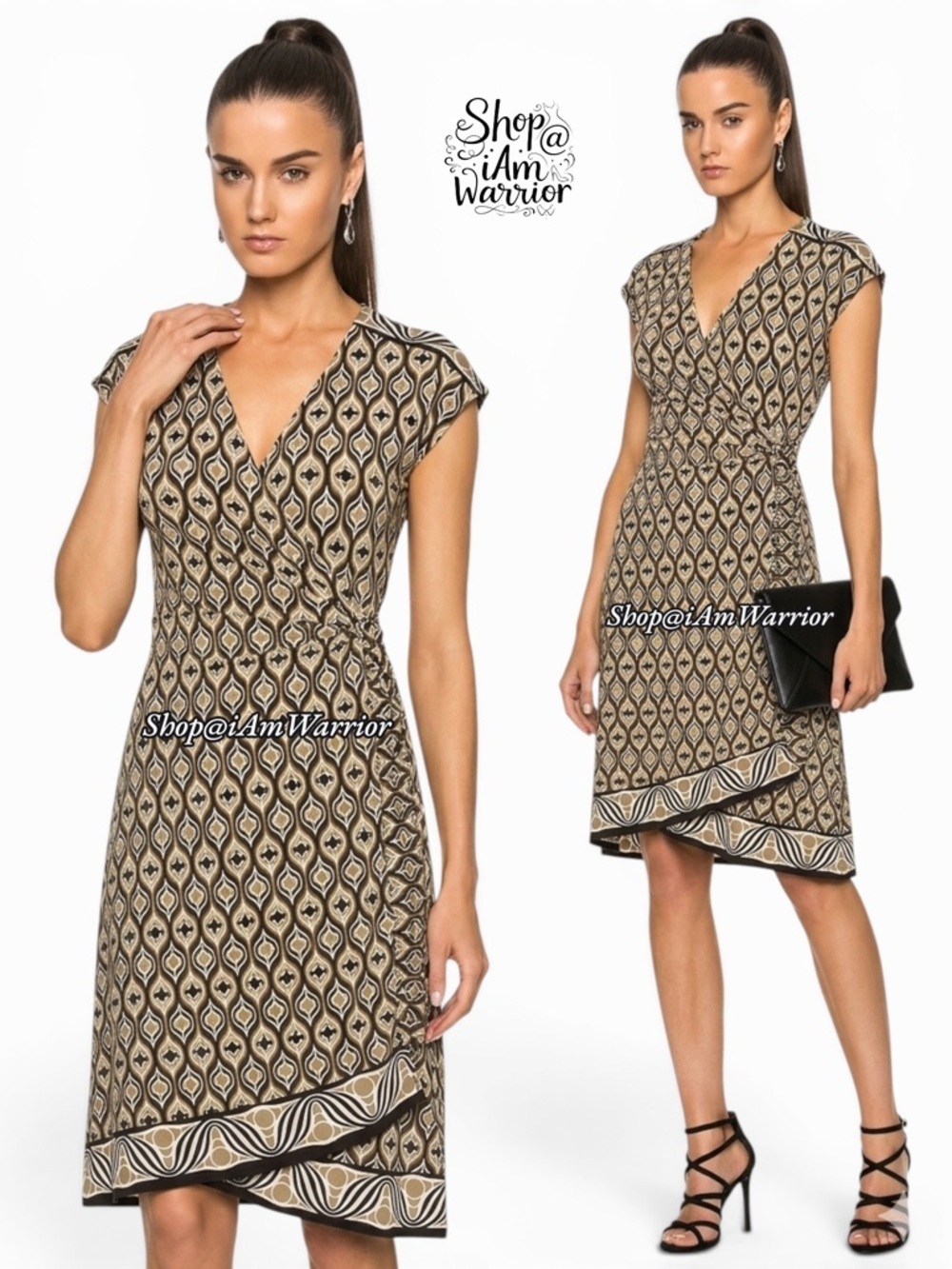 Maggy London black & tan Art Deco print wrap dress *shop@iamwarrior